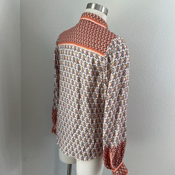 Hale Bob Womens Small Long Sleeve Button Up Blouse Geometric Orange White Shirt - Picture 4 of 13